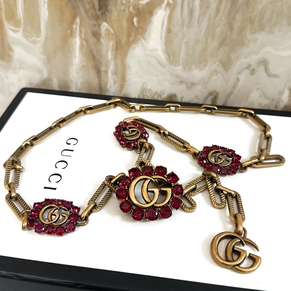 Gucci GG Bronze Gold Chain Link Logo Ruby Crystal Belt Adjustable s/m